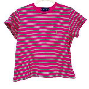 Ralph Lauren Blue Label Womens Y2K Barbiecore Striped Pocket Baby Tee Large Pink